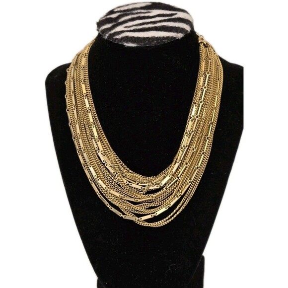 Vintage Multi Layer 20 Strand Gold-tone Chain Statement Collar Necklace - Picture 1 of 8